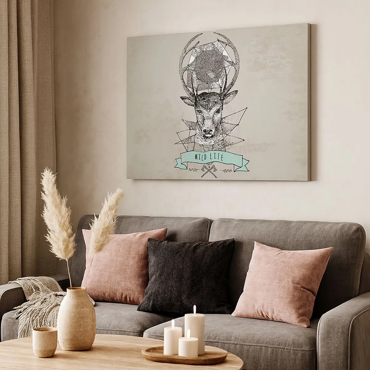 Obraz na płótnie - Geometria jelenia z napisem Wild Life w stylu vintage - 70x50cm - Widzenie św. Hubertusa - Nowoczesna dekoracja ścienna do salonu i sypialni ARTTOR