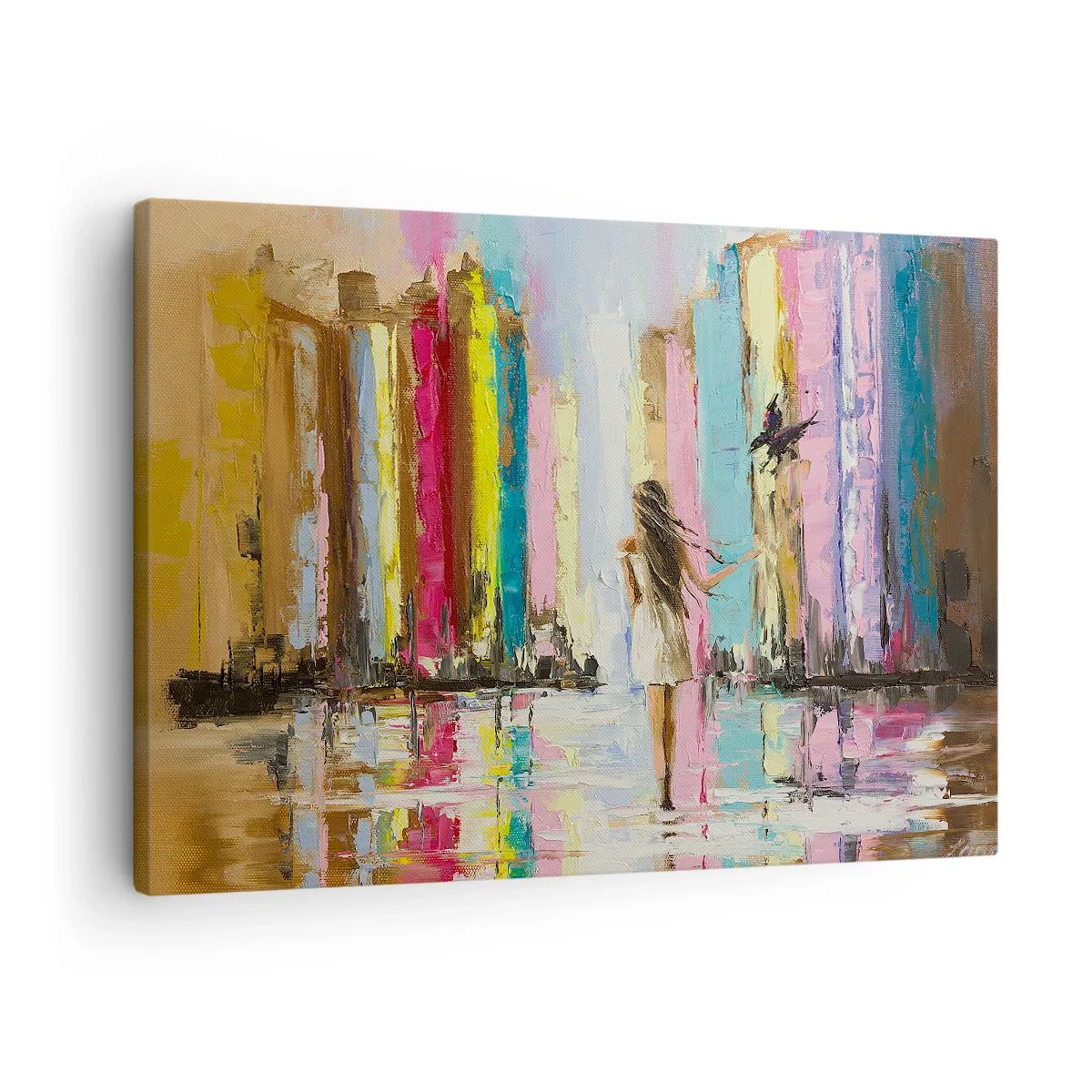 Obraz na płótnie - Kolorowe miasto i kobieta w białej sukni z ptakiem - 70x50cm - Idż za mną - Nowoczesna dekoracja ścienna do salonu i sypialni ARTTOR
