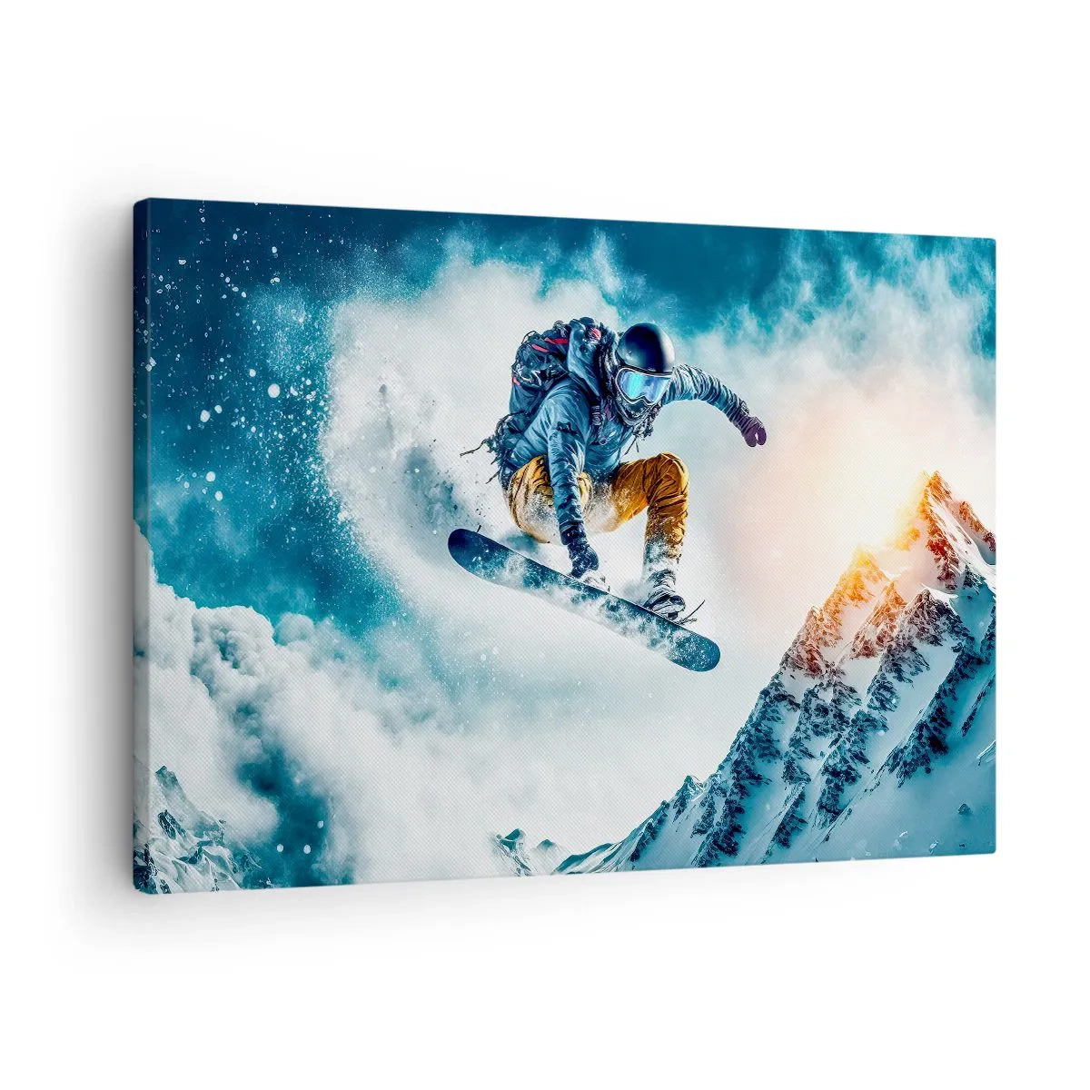 Obraz na płótnie - Snowboardzista w locie nad ośnieżonymi górami - 70x50cm - Ekstremalne emocje - Nowoczesna dekoracja ścienna do salonu i sypialni ARTTOR