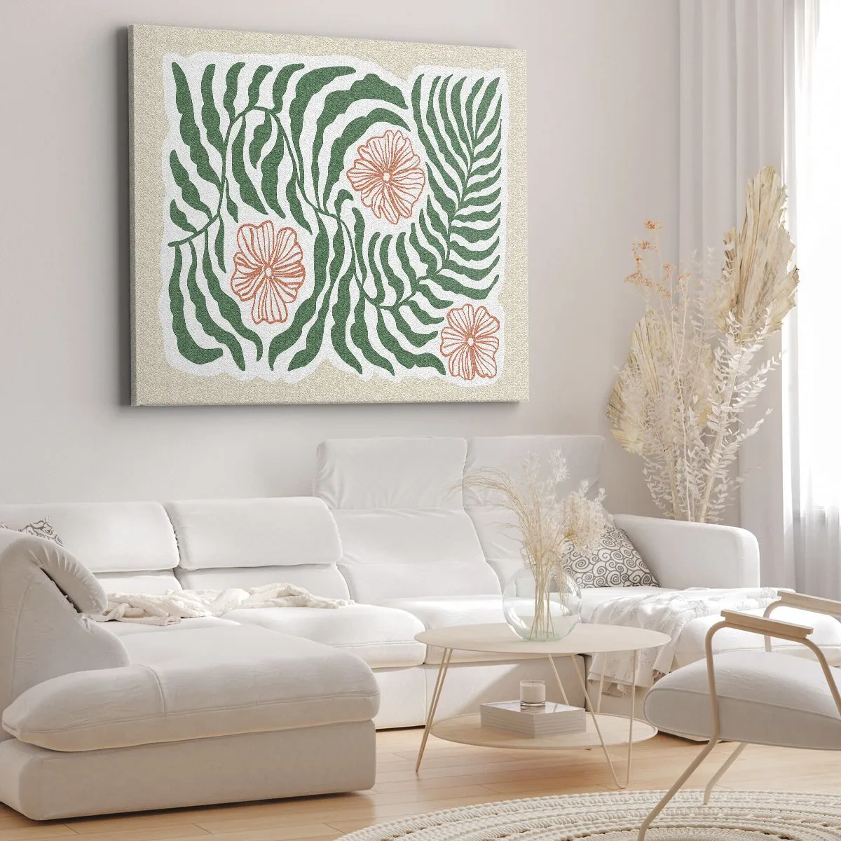 Obraz na płótnie - Minimalistyczny motyw zielonych liści z kwiatami w odcieniach pomarańczowego - 70x50cm - Rozkwitłe w zieleni - Nowoczesna dekoracja ścienna do salonu i sypialni ARTTOR