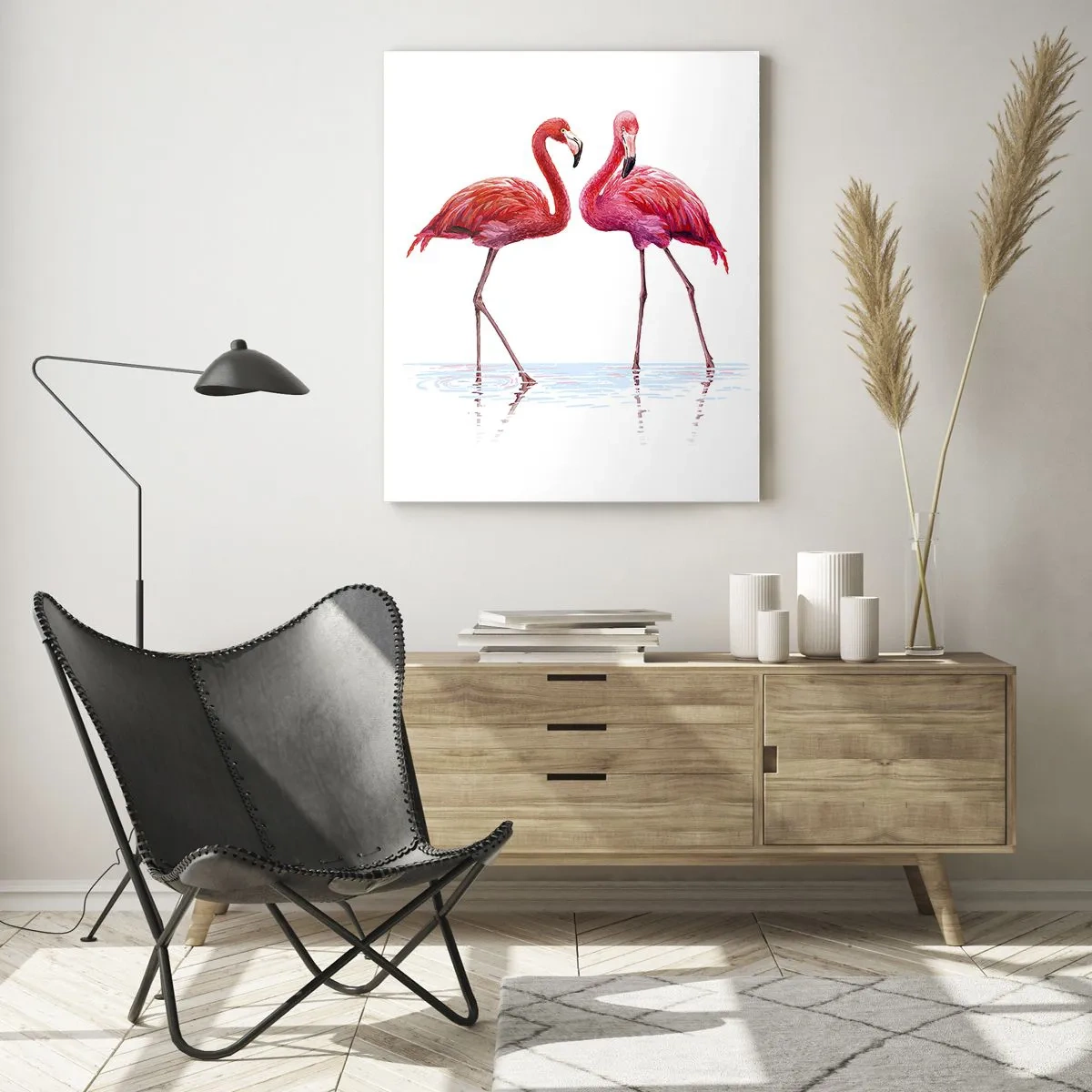 Obraz na szkle - Dwa różowe flamingi stojące w wodzie - 50x70cm - Różowe randez-vous - Nowoczesna dekoracja ścienna do salonu, kuchni i sypialni ARTTOR