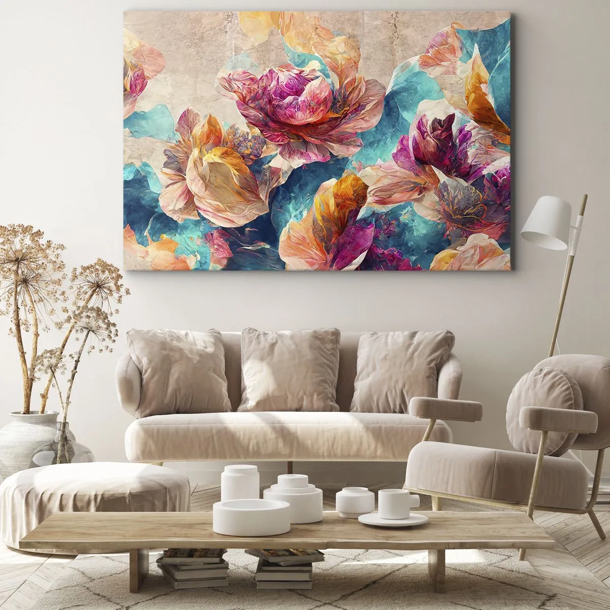 Obraz na płótnie - Kolorowe kwiaty na beżowym tle - 70x50cm - Barwny przepych bukietu - Nowoczesna dekoracja ścienna do salonu i sypialni ARTTOR