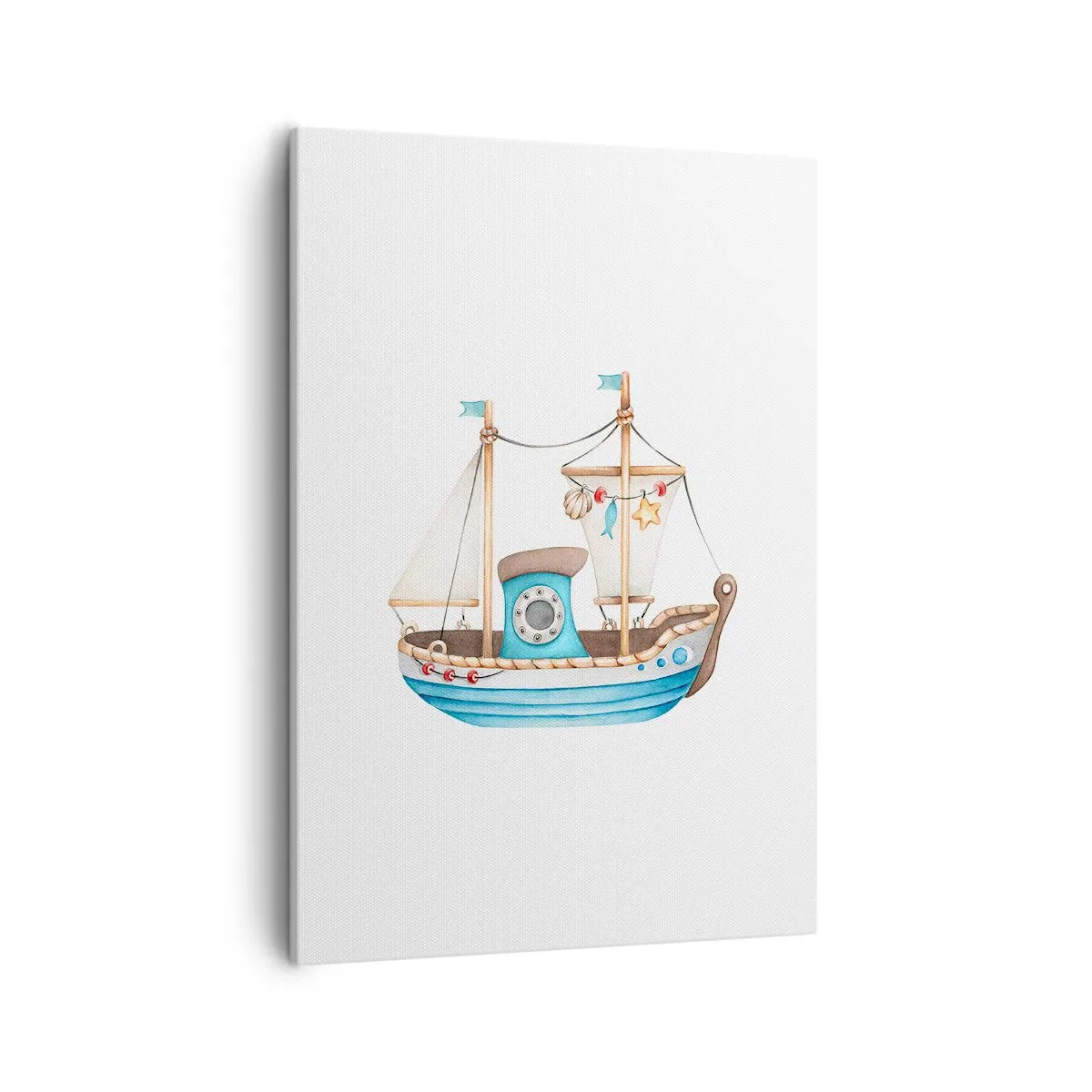 Obraz na płótnie - Urocza ilustracja drewnianego statku z żaglami w stylu marynistycznym - 50x70cm - Ahoj, przygodo! - Nowoczesna dekoracja ścienna do salonu, kuchni i sypialni ARTTOR
