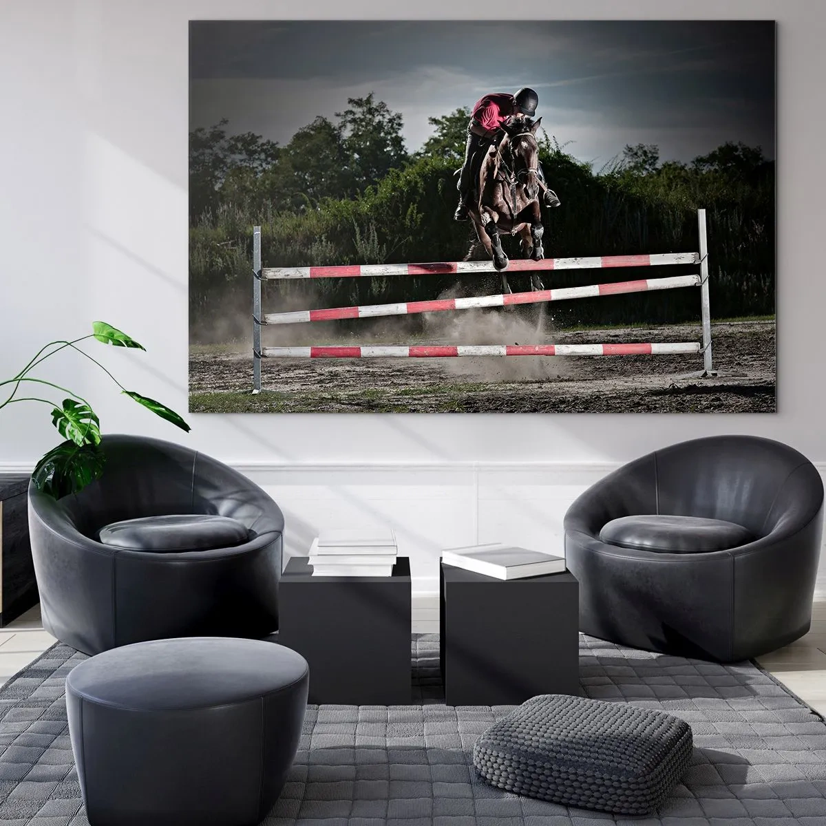 Obraz na szkle - Skok jeźdźca na koniu przez przeszkodę na tle natury - 70x50cm - Razem po zwycięstwo - Nowoczesna dekoracja ścienna do salonu i sypialni ARTTOR