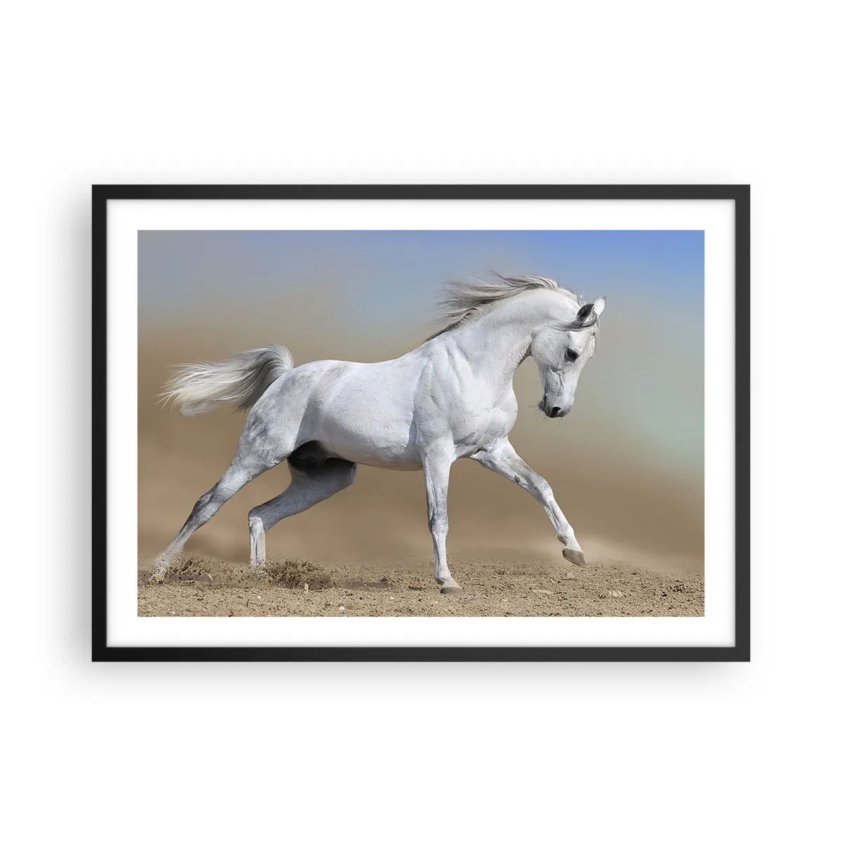 Plakat w czarnej ramie - Biały koń galopujący po pustynnym krajobrazie - 70x50cm - Najpiękniejsza arabska baśń - Nowoczesna dekoracja ścienna do salonu i sypialni ARTTOR