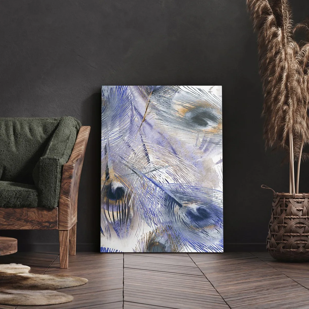 Obraz na płótnie - Delikatny motyw piór w odcieniach niebieskiego i złota - 50x70cm - Pawiooka kompozycja - Nowoczesna dekoracja ścienna do salonu, kuchni i sypialni ARTTOR