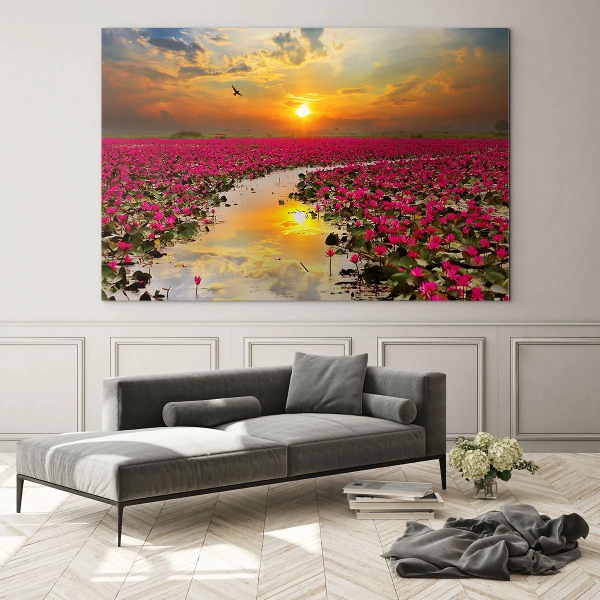 Obraz na szkle - Różowe lilie wodne na jeziorze o zachodzie słońca - 70x50cm - Tajemne życie jeziora - Nowoczesna dekoracja ścienna do salonu i sypialni ARTTOR