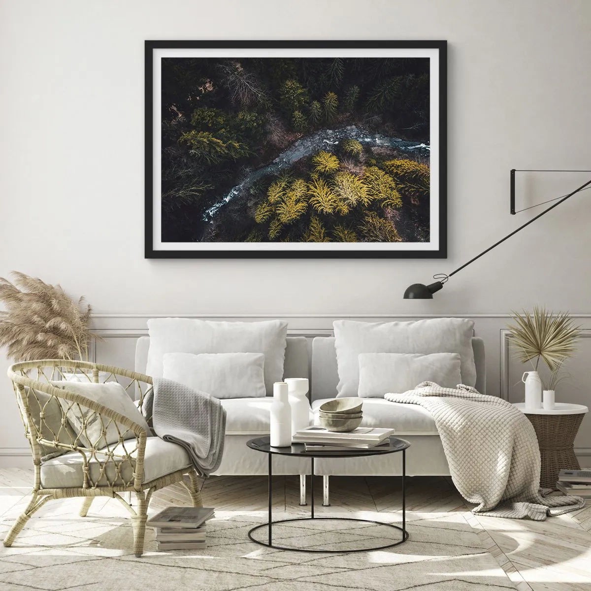 Plakat w czarnej ramie - Widok z góry na las z wijącą się rzeką - 70x50cm - Szybko, coraz szybciej - Nowoczesna dekoracja ścienna do salonu i sypialni ARTTOR