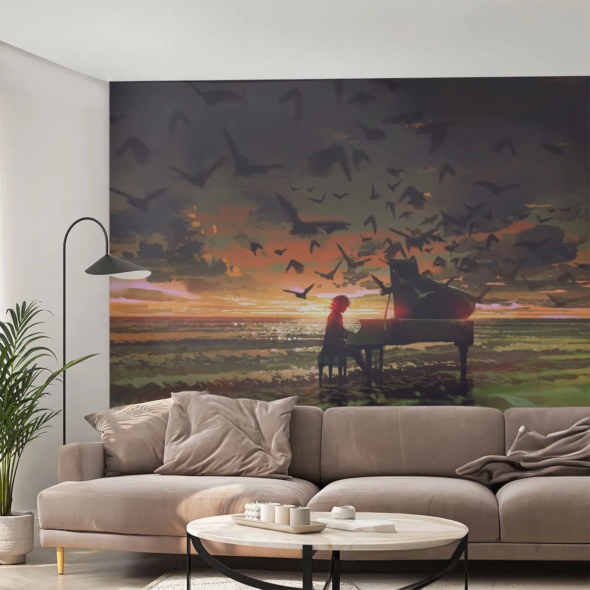 Fototapeta Premium Sand - Pianino na plaży o zachodzie słońca z lecącymi ptakami - 100x70cm - Koncert na fortepian i fale - Nowoczesna dekoracja ścienna do salonu, kuchni i sypialni ARTTOR
