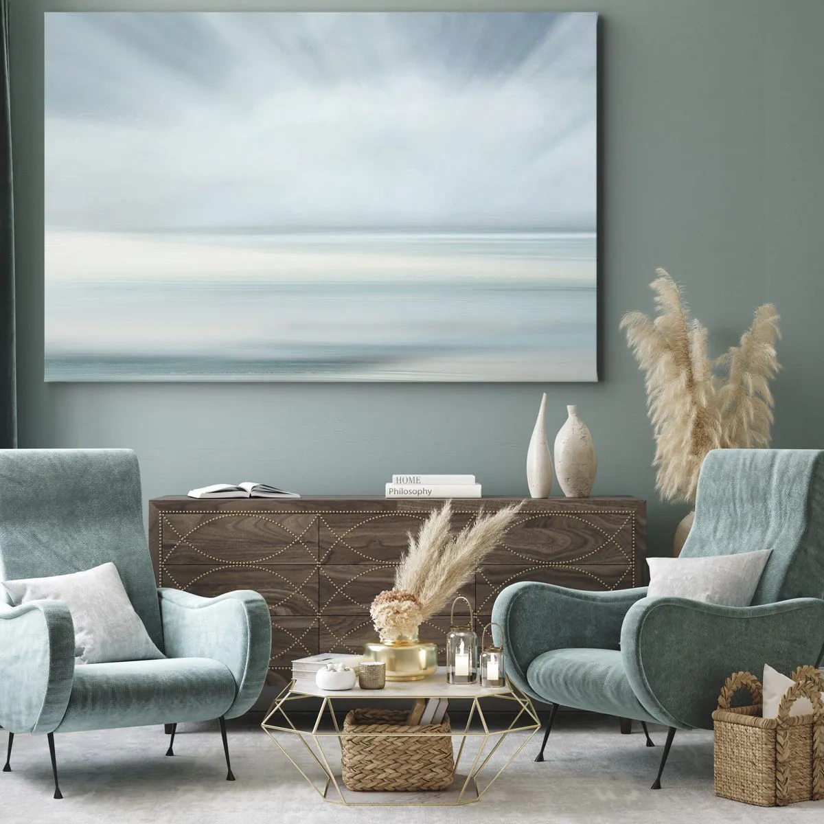 Obraz na płótnie - Minimalistyczny pejzaż w delikatnych odcieniach błękitu - 70x50cm - Spokój aż po horyzont - Nowoczesna dekoracja ścienna do salonu i sypialni ARTTOR