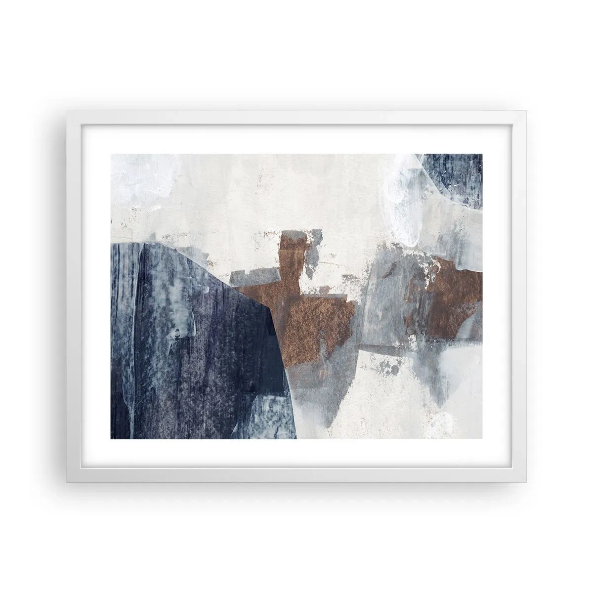 Plakat w białej ramie - Błękitno-brunatne kształty - 50x40 cm