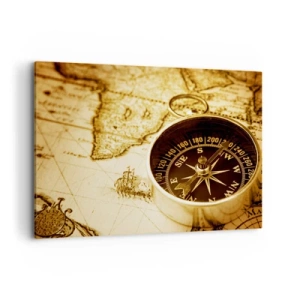 Obraz na płótnie - Zabytkowy kompas na tle starej mapy świata - 100x70cm - Na wschód czy na zachód? - Nowoczesna dekoracja ścienna do salonu, kuchni i sypialni ARTTOR