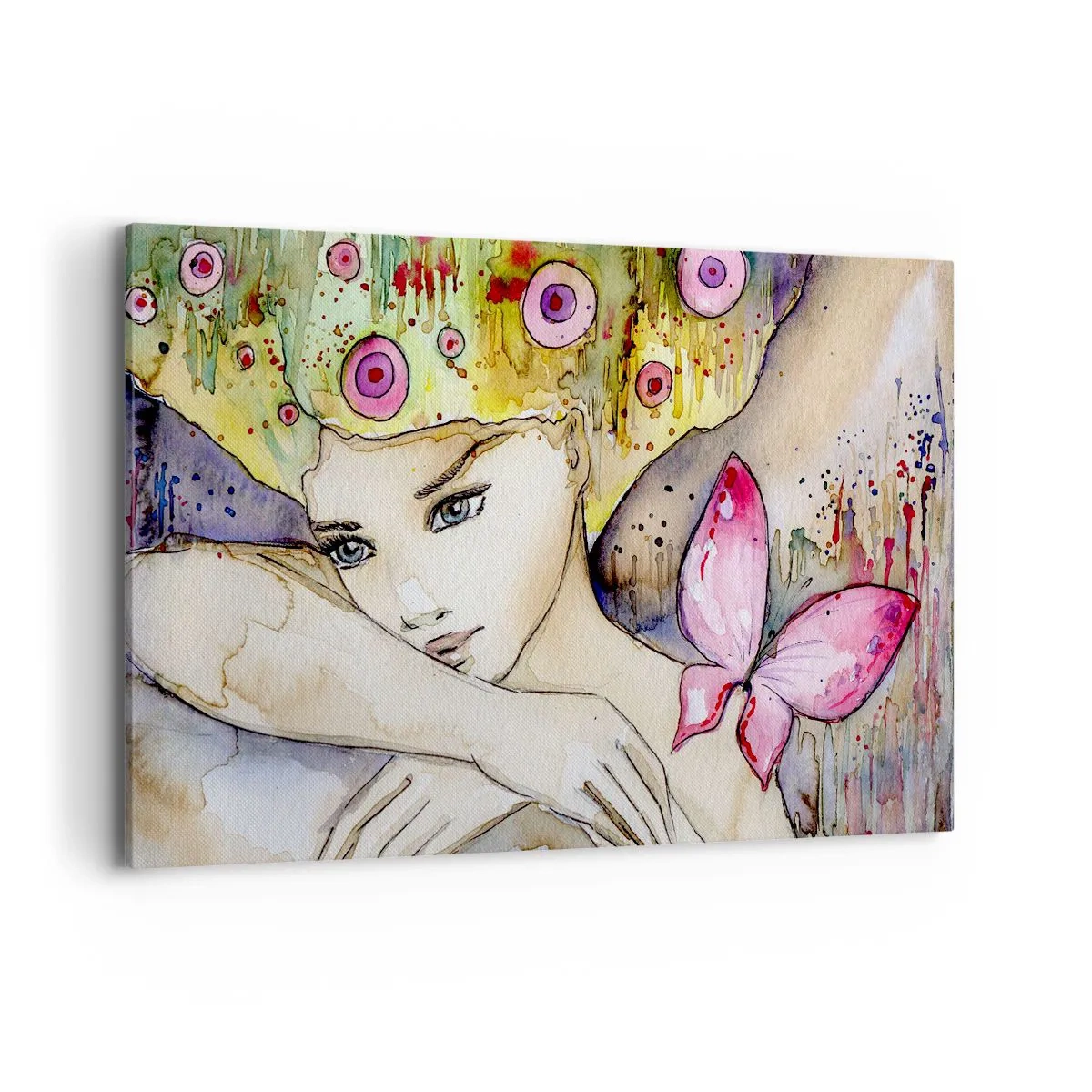 Obraz na płótnie - Kobieta z abstrakcyjną fryzurą i różowym motylem - 120x80cm - Motyla księżniczka - Nowoczesna dekoracja ścienna do salonu, kuchni i sypialni ARTTOR