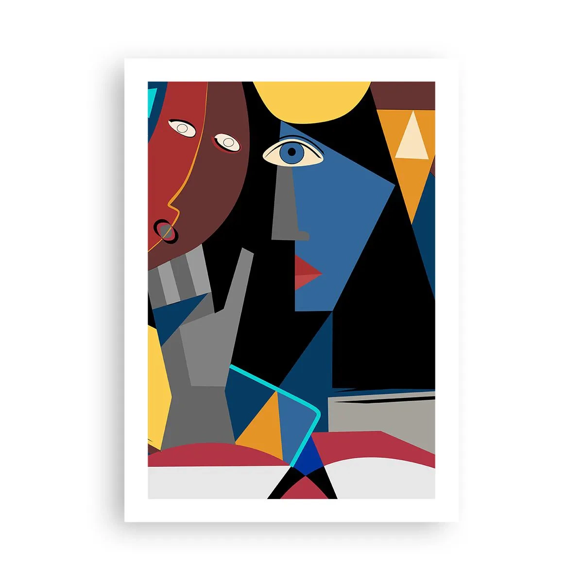 Plakat - Kubistyczna abstrakcja twarzy w żywych kolorach - 50x70cm - Rozmowa kubistów - Nowoczesna dekoracja ścienna do salonu, kuchni i sypialni ARTTOR