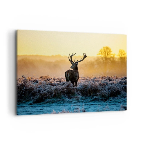 Obraz na płótnie - Jeleń na mroźnej polanie o wschodzie słońca - 100x70cm - Koronowany na swoich włościach - Nowoczesna dekoracja ścienna do salonu, kuchni i sypialni ARTTOR