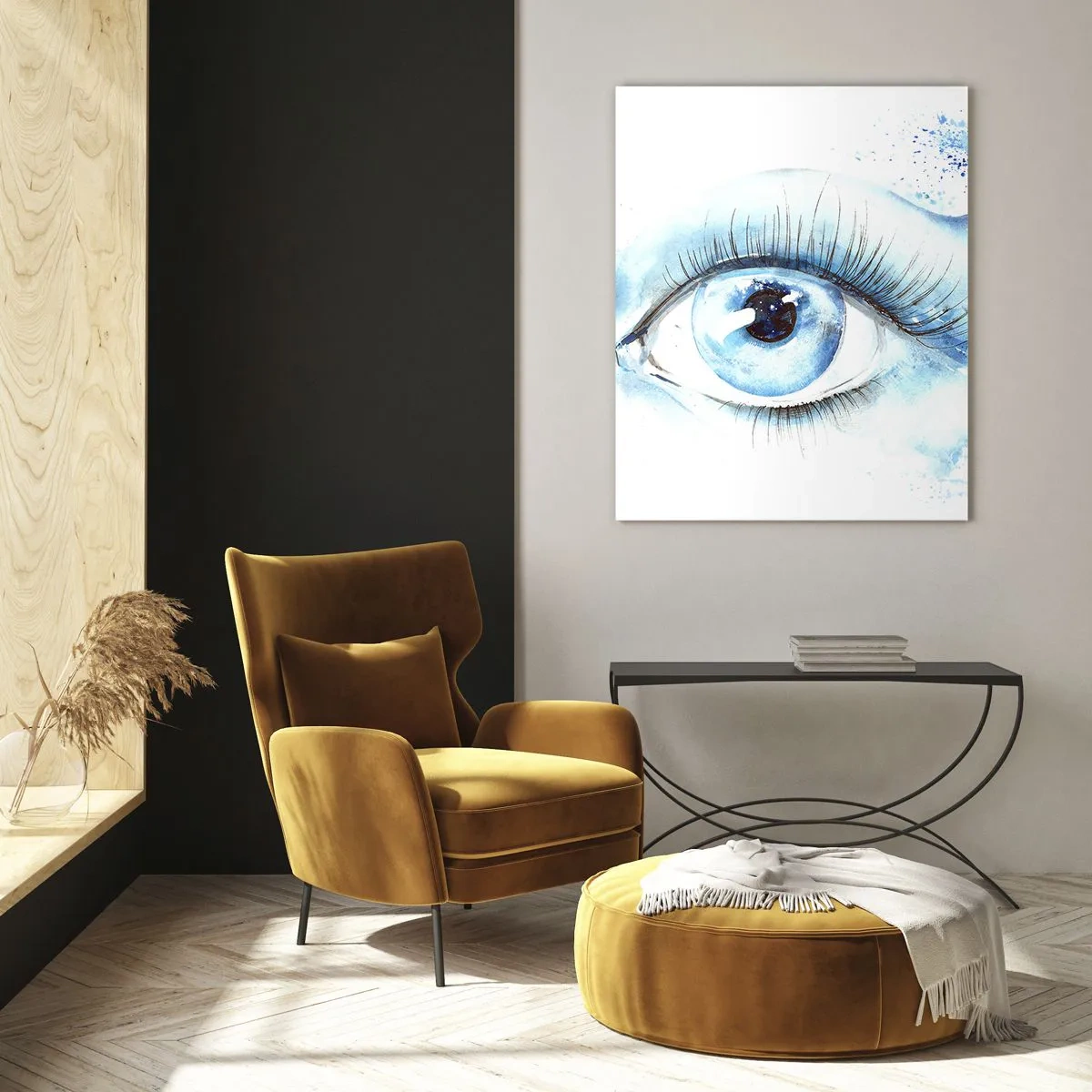 Obraz na szkle - Niebieskie oko w artystycznej akwareli - 50x70cm - Zanurzyć się w błękicie spojrzenia - Nowoczesna dekoracja ścienna do salonu, kuchni i sypialni ARTTOR