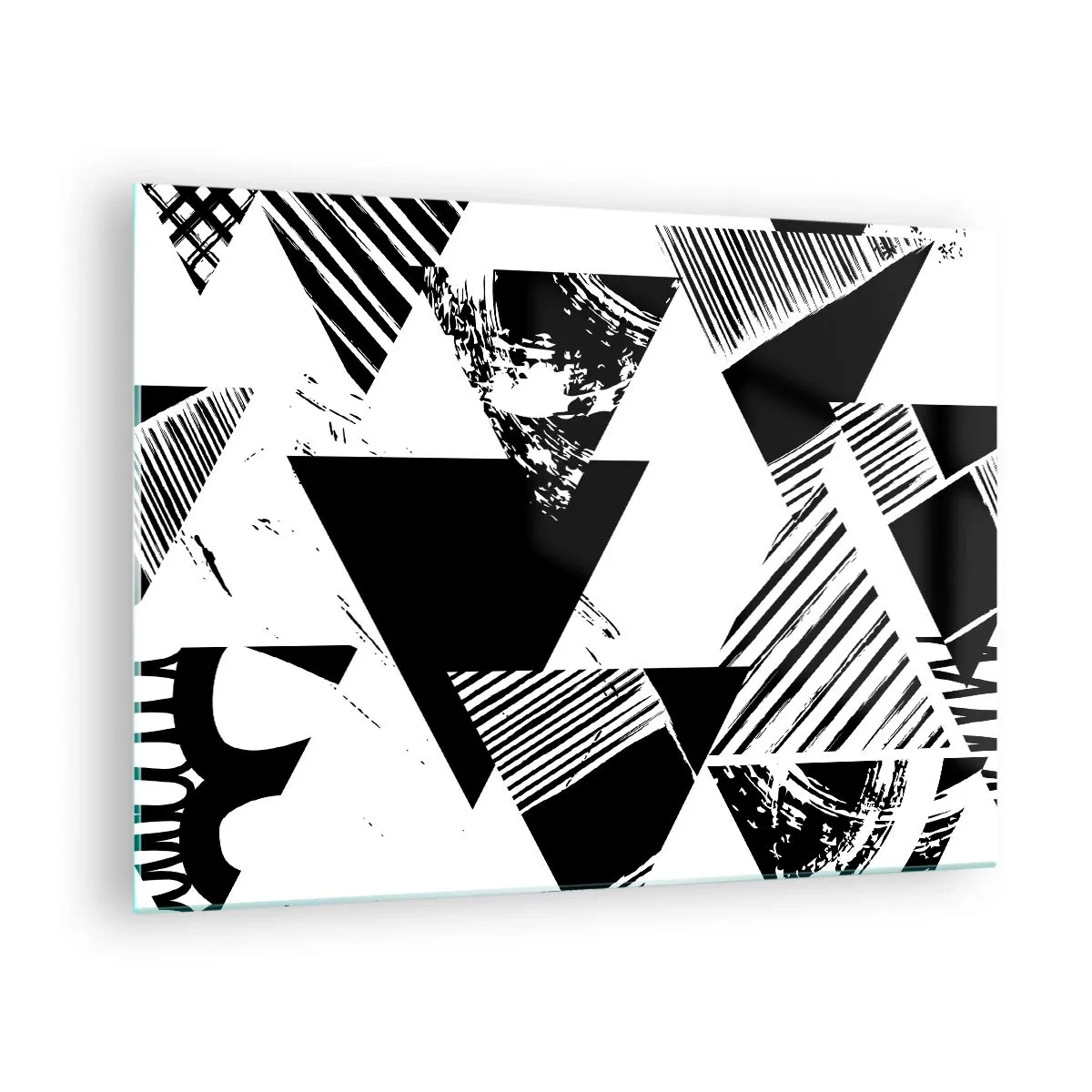 Obraz na szkle - Czarno-białe geometryczne wzory z motywem trójkątów - 70x50cm - Deszcz trójkątów - Nowoczesna dekoracja ścienna do salonu i sypialni ARTTOR