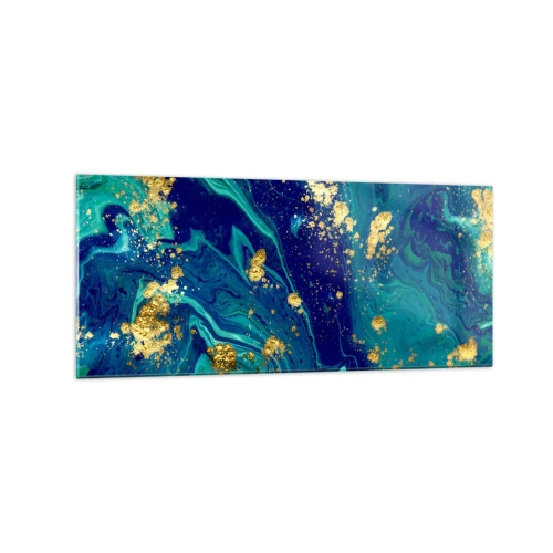 Obraz na szkle - Abstrakcyjna kompozycja z błękitem, zielenią i złotymi akcentami - 120x50cm - Płatki słońca  - Nowoczesna dekoracja ścienna do salonu i sypialni ARTTOR