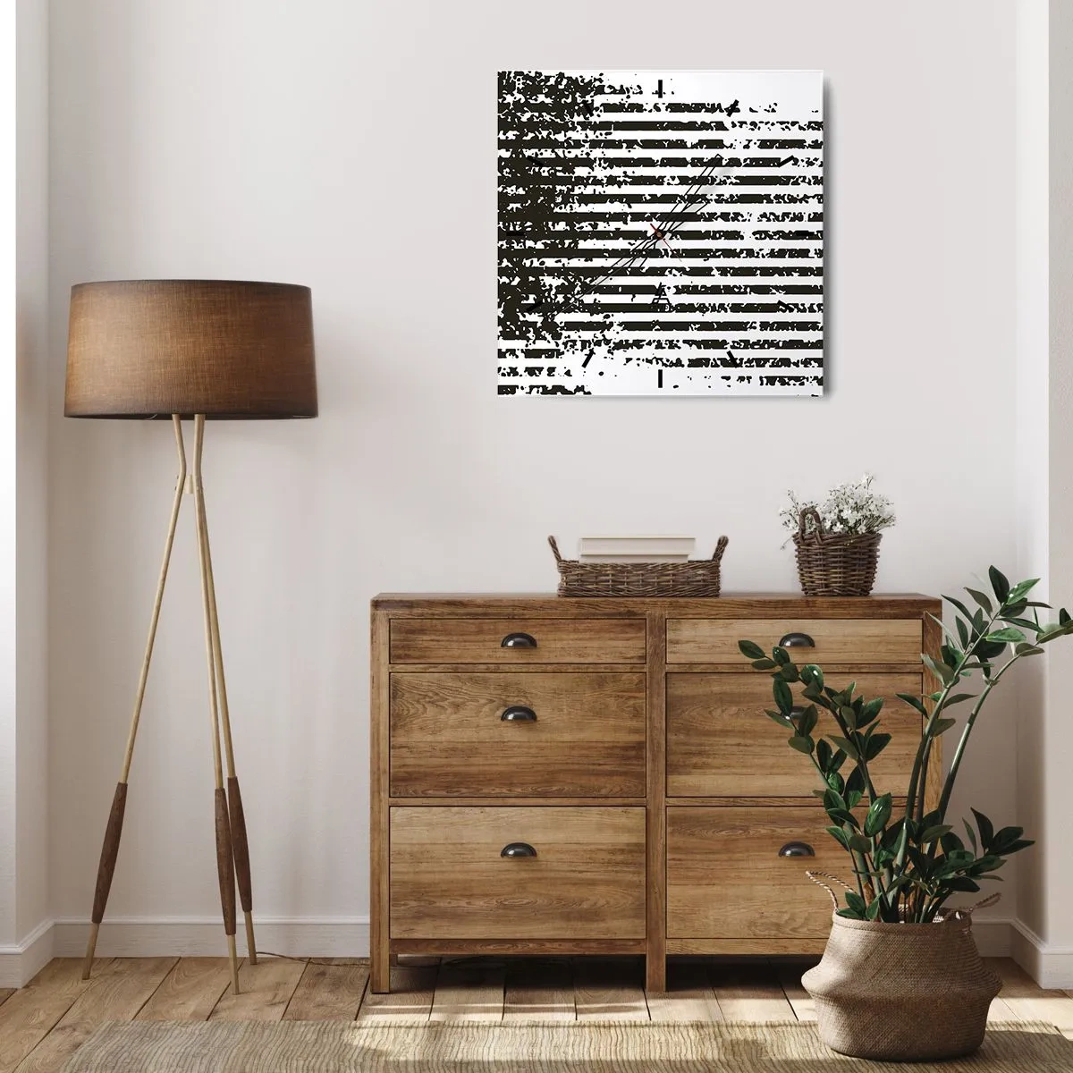 Zegar ścienny - Abstrakcyjne linie z efektem przetarcia w czerni i bieli - 30x30cm - Rytm i szum - Nowoczesna dekoracja ścienna do salonu i sypialni ARTTOR