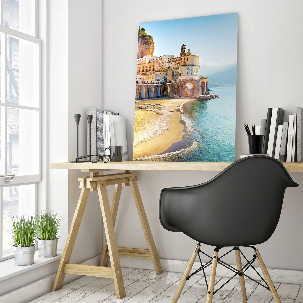 Obraz na szkle - Malownicze nadmorskie miasteczko z kolorowymi budynkami przy plaży - 70x100cm - Miasto niebywałe - Nowoczesna dekoracja ścienna do salonu i sypialni ARTTOR