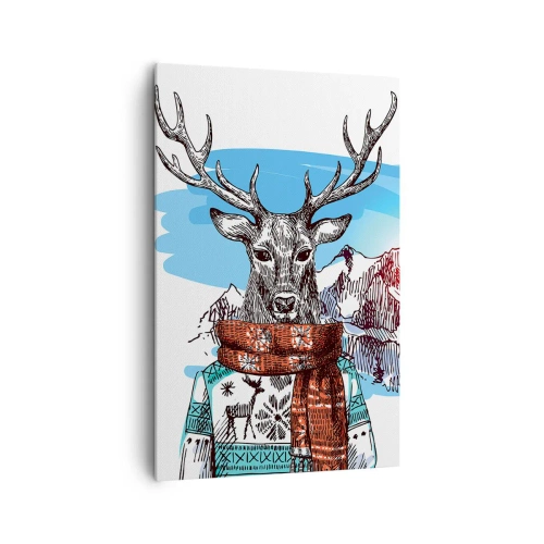 Obraz na płótnie - Jeleń w zimowym swetrze na tle górskiego krajobrazu - 80x120cm - Nawet jeleń nie marznie - Nowoczesna dekoracja ścienna do salonu i sypialni ARTTOR