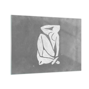 Obraz na szkle - Minimalistyczna sylwetka kobiety na szarym tle - 70x50cm - W zamyśleniu - Nowoczesna dekoracja ścienna do salonu i sypialni ARTTOR