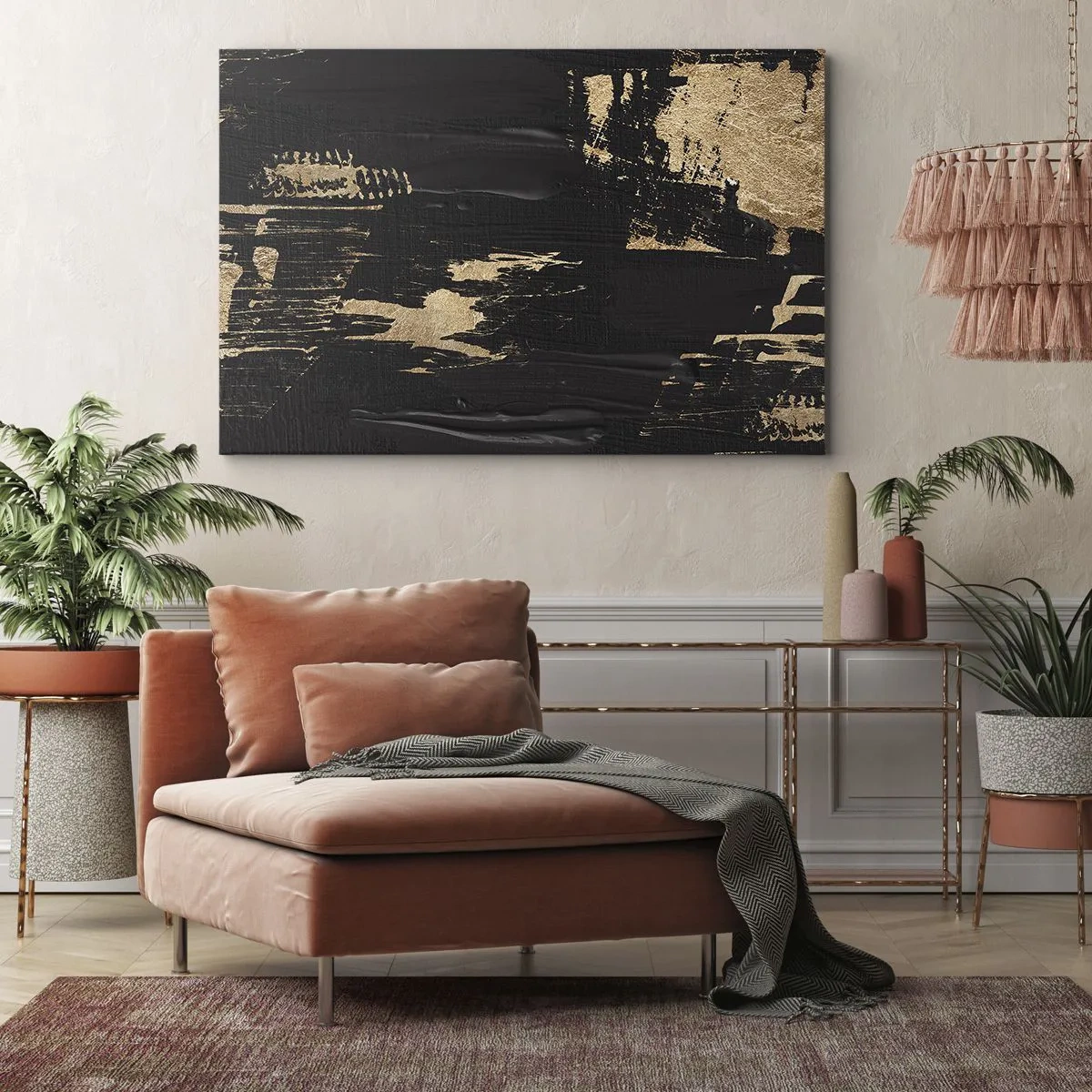 Obraz na płótnie - Abstrakcyjna kompozycja w odcieniach czerni i złota - 70x50cm - Ślad dotyku - Nowoczesna dekoracja ścienna do salonu i sypialni ARTTOR