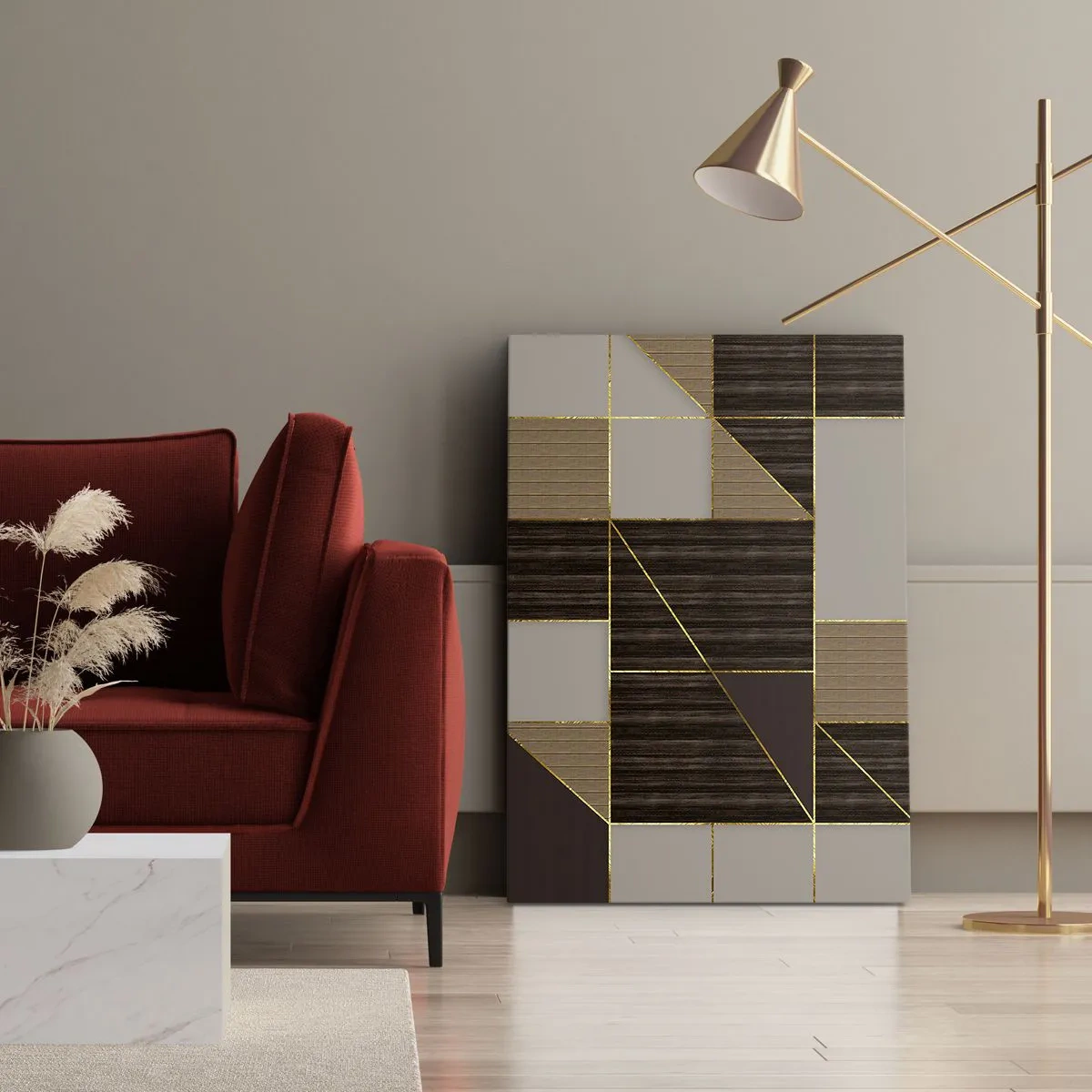 Obraz na płótnie - Geometryczna kompozycja w odcieniach brązu, beżu i złota - 50x70cm - Mozaika brązów i złota - Nowoczesna dekoracja ścienna do salonu, kuchni i sypialni ARTTOR