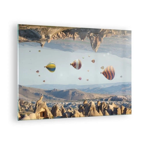 Obraz na szkle - Kolorowe balony nad skalistym krajobrazem Kapadocji - 70x50cm - Tu wszystko jest możliwe - Nowoczesna dekoracja ścienna do salonu i sypialni ARTTOR