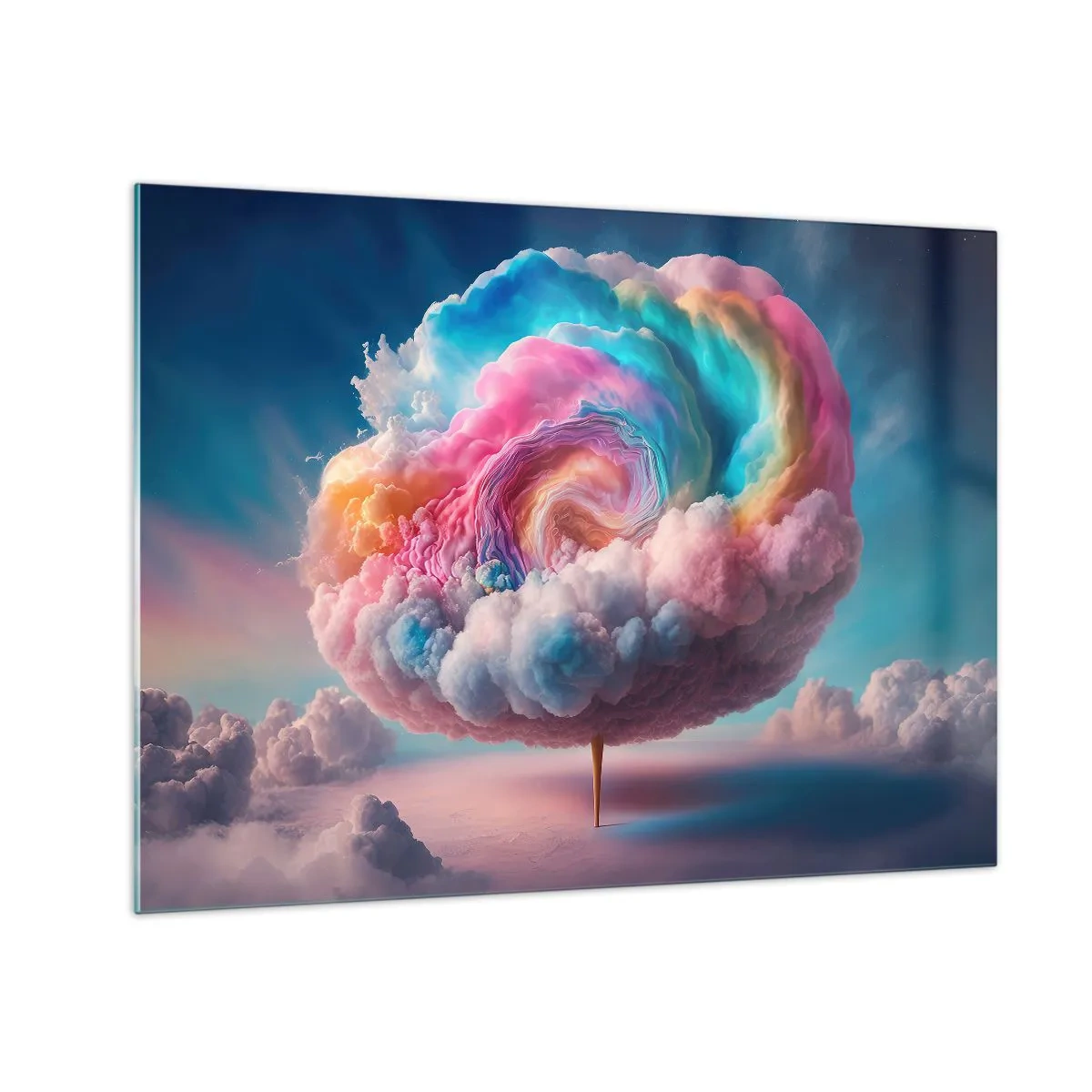 Obraz na szkle - Fantazyjna chmura w pastelowych barwach przypominająca watę cukrową - 70x50cm - Sen o wesołym miasteczku - Nowoczesna dekoracja ścienna do salonu i sypialni ARTTOR