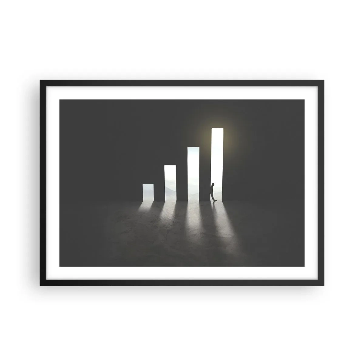 Plakat w czarnej ramie - Symboliczny wzrost w postaci przejść oświetlonych światłem - 70x50cm - Sukces – impresja - Nowoczesna dekoracja ścienna do salonu i sypialni ARTTOR