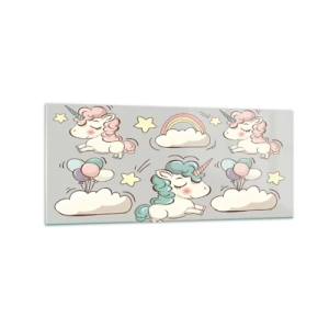 Obraz na szkle - Urocze jednorożce na pastelowym tle - 120x50cm - Na pewno istnieją… - Nowoczesna dekoracja ścienna do salonu i sypialni ARTTOR