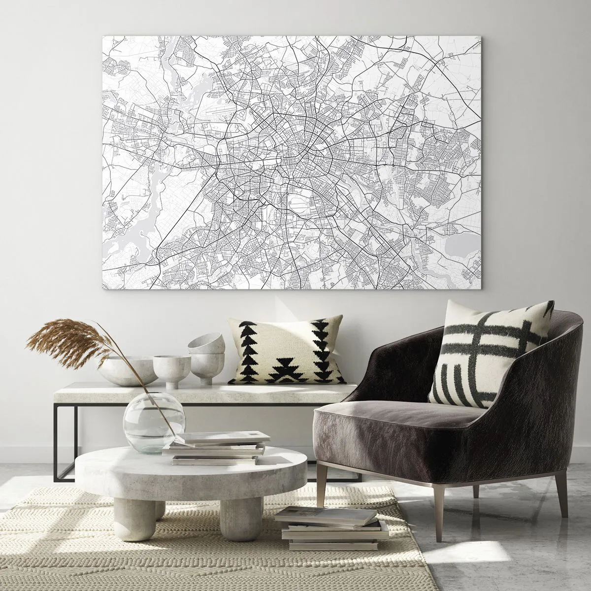 Obraz na szkle - Czarno-biała mapa Berlina z geometrycznym układem ulic - 70x50cm - Kwiat Berlina - Nowoczesna dekoracja ścienna do salonu i sypialni ARTTOR