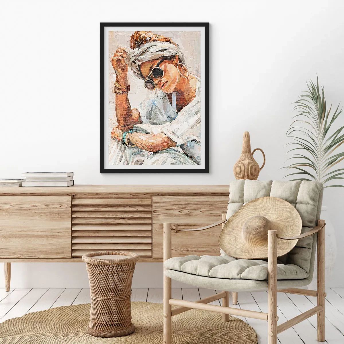 Plakat w czarnej ramie - Portret kobiety w okularach i turbanie w stylu impresjonistycznym - 50x70cm - Portret w pełnym słońcu - Nowoczesna dekoracja ścienna do salonu i sypialni ARTTOR