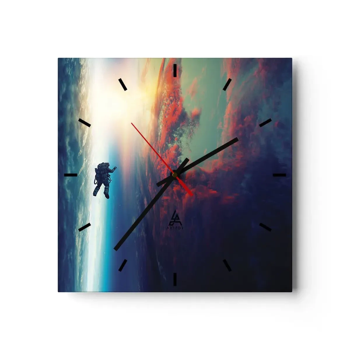 Zegar ścienny - Astronauta unoszący się w kosmosie nad kolorową Ziemią - 30x30cm - Mierzyć się ze wszechświatem - Nowoczesna dekoracja ścienna do salonu i sypialni ARTTOR
