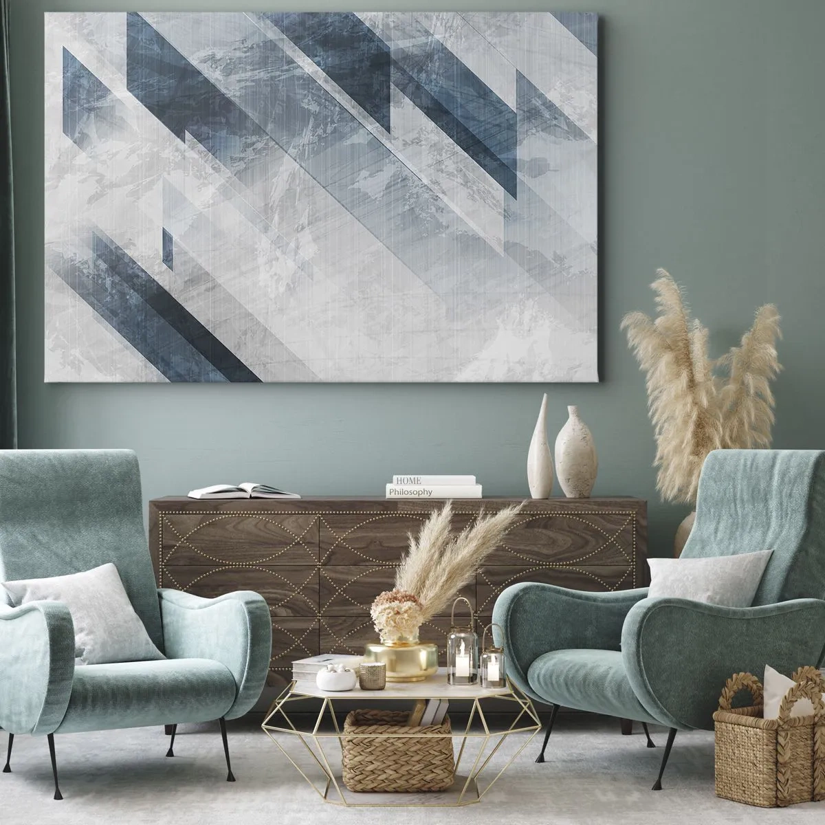 Obraz na płótnie - Abstrakcyjne linie w odcieniach szarości i błękitu - 70x50cm - Kompozycja przestrzenna – ruch szarości - Nowoczesna dekoracja ścienna do salonu i sypialni ARTTOR