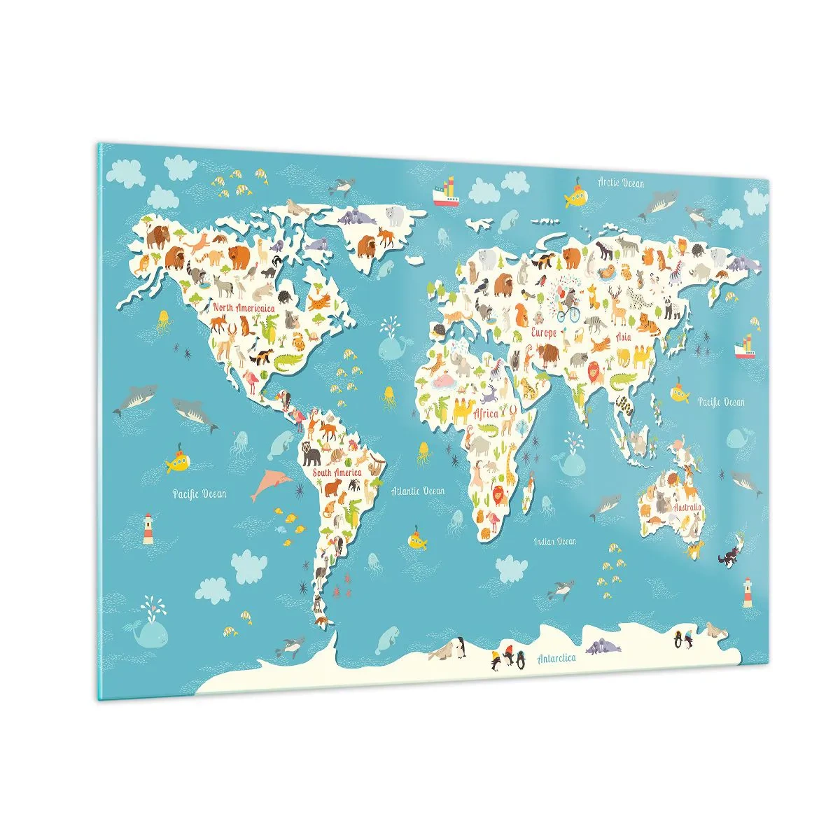 Obraz na szkle - Kolorowa mapa świata z motywami zwierząt i oceanu - 100x70cm - Kochamy cały świat - Nowoczesna dekoracja ścienna do salonu, kuchni i sypialni ARTTOR
