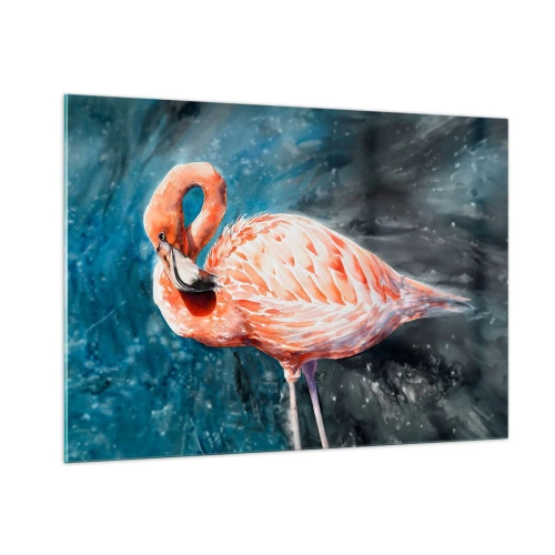 Obraz na szkle - Różowy flaming na tle akwarelowej kompozycji w odcieniach niebieskiego - 100x70cm - Dekoracyjny z natury - Nowoczesna dekoracja ścienna do salonu, kuchni i sypialni ARTTOR