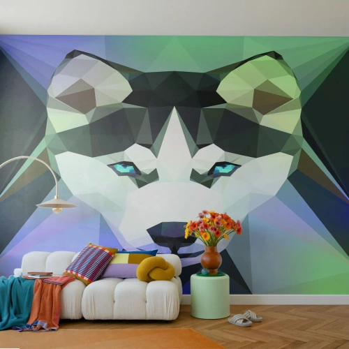 Fototapeta Premium Sand - Geometryczny wilk w stylu low poly z niebieskimi oczami - 100x70cm - Wspomnienie śniegów północy - Nowoczesna dekoracja ścienna do salonu, kuchni i sypialni ARTTOR