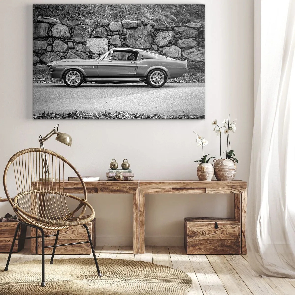 Obraz na płótnie - Czarno-białe zdjęcie klasycznego samochodu - 70x50cm - Legenda lat 60. - Nowoczesna dekoracja ścienna do salonu i sypialni ARTTOR