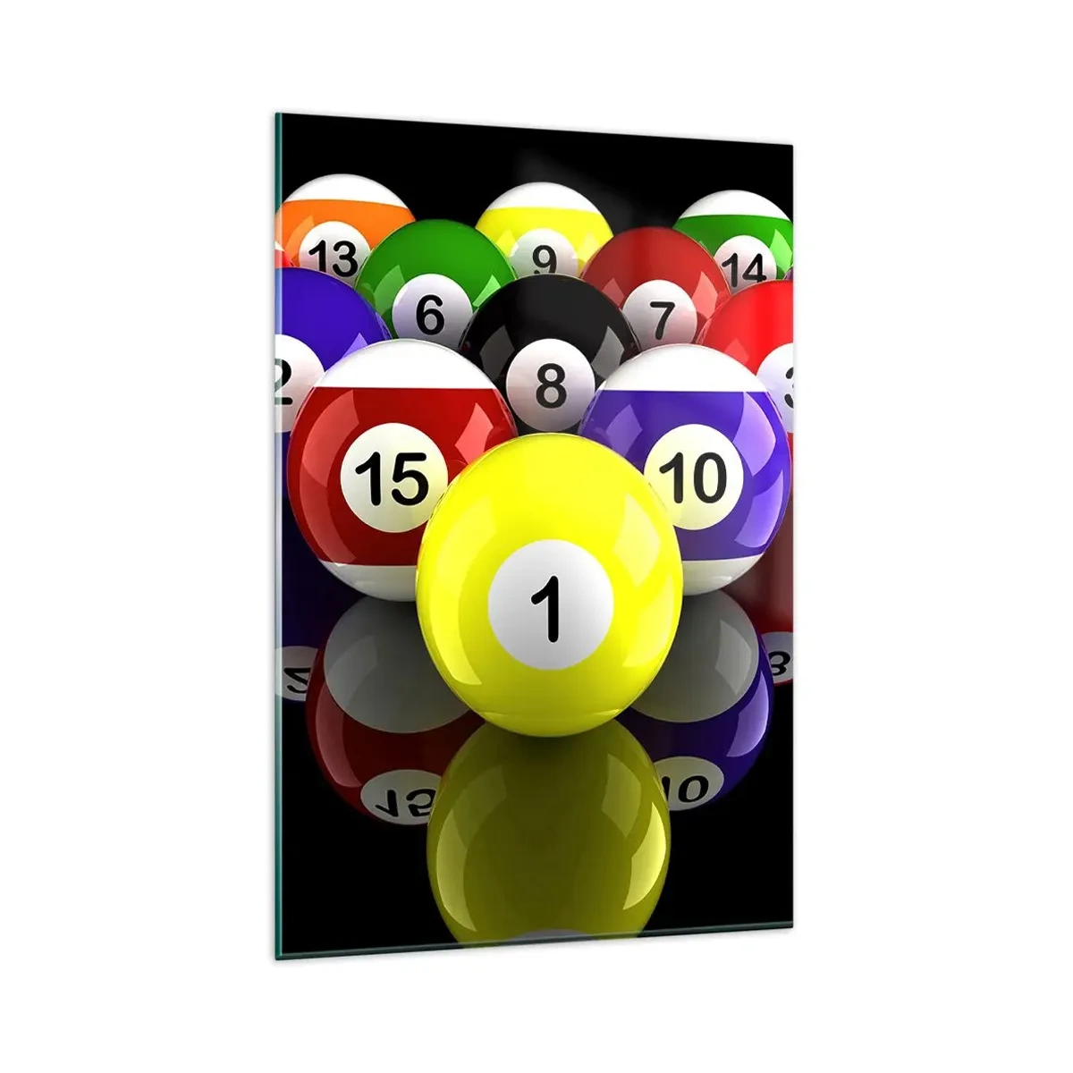 Obraz na szkle - Kolorowe bile bilardowe ustawione w trójkącie na czarnym tle - 80x120cm - Różne barwy gry - Nowoczesna dekoracja ścienna do salonu i sypialni ARTTOR