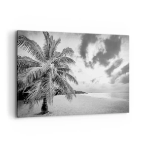 Obraz na płótnie - Czarno-biała palma na pustej plaży z chmurami - 120x80cm - Gdy tęsknisz do samotności… - Nowoczesna dekoracja ścienna do salonu, kuchni i sypialni ARTTOR