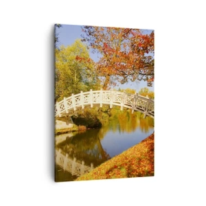 Obraz na płótnie - Biały mostek nad rzeką w jesiennym krajobrazie - 50x70cm - Na białym mostku westchnień - Nowoczesna dekoracja ścienna do salonu, kuchni i sypialni ARTTOR