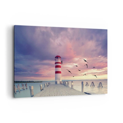 Obraz na płótnie - Latarnia morska na molo w otoczeniu malowniczego zachodu słońca - 100x70cm - Pora do portu - Nowoczesna dekoracja ścienna do salonu, kuchni i sypialni ARTTOR