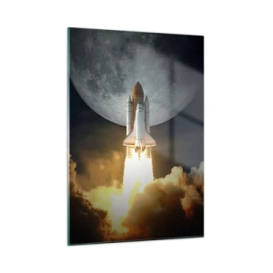 Obraz na szkle - Start rakiety kosmicznej na tle księżyca i nocnego nieba - 50x70cm - Początek nieziemskiej przygody - Nowoczesna dekoracja ścienna do salonu, kuchni i sypialni ARTTOR