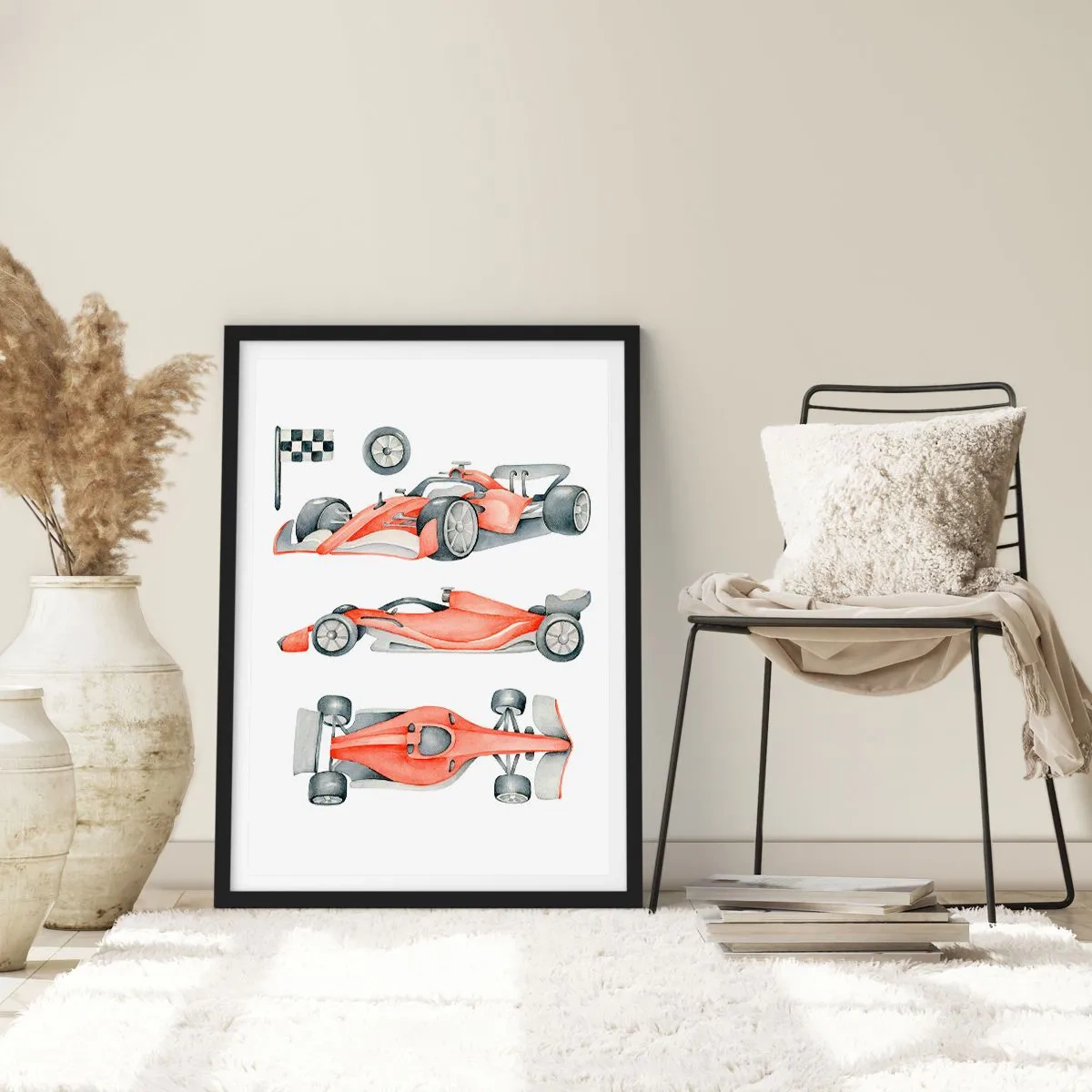 Plakat w czarnej ramie - Ilustracja bolidu wyścigowego w akwareli - 50x70cm - Doścignąć marzenie - Nowoczesna dekoracja ścienna do salonu i sypialni ARTTOR