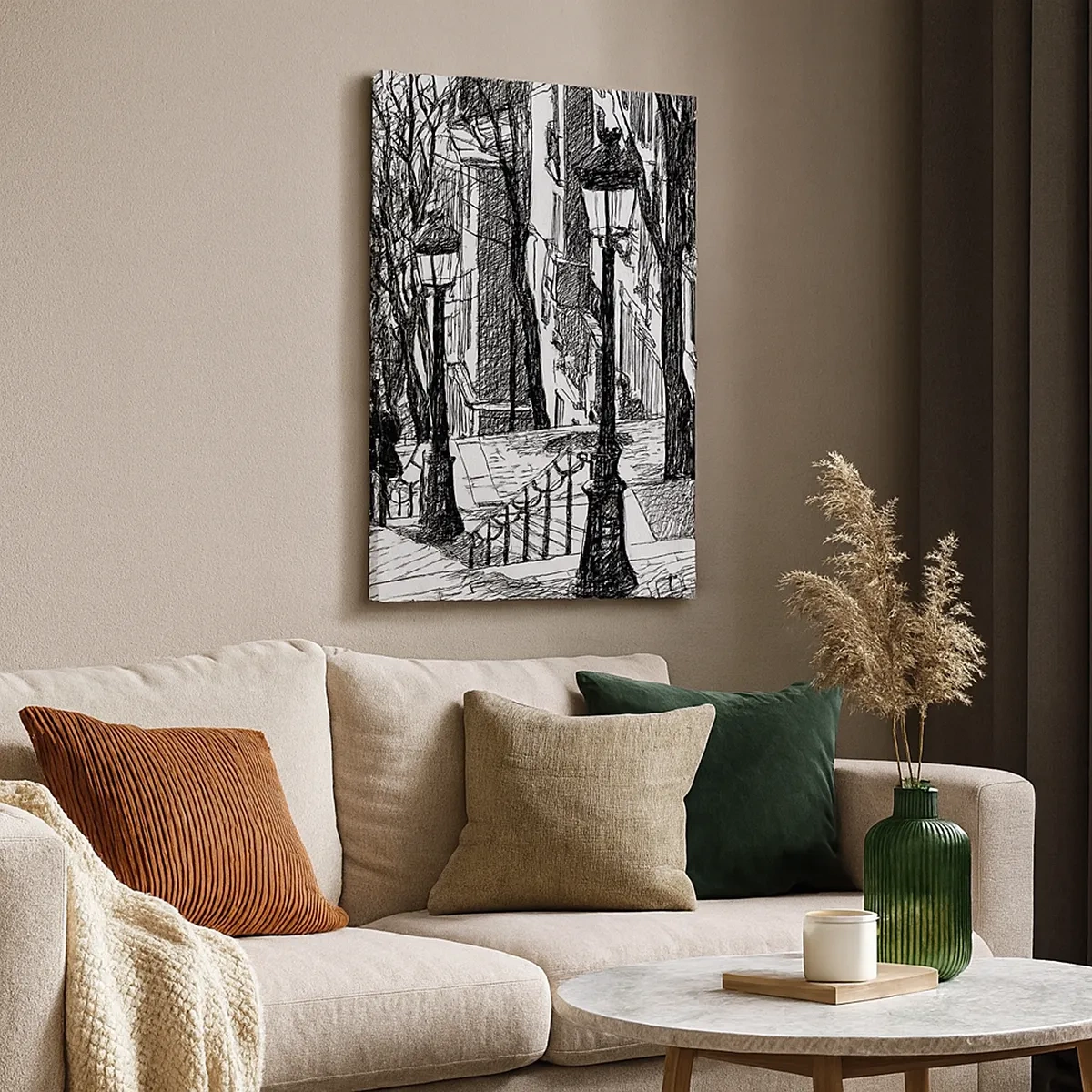 Obraz na płótnie - Czarno-biały szkic latarni na miejskiej ulicy - 50x70cm - Historia miłosna czy opowieśc grozy? - Nowoczesna dekoracja ścienna do salonu, kuchni i sypialni ARTTOR