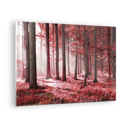 Obraz na szkle - Jesienny las w czerwonych barwach i porannej mgle - 70x50cm - Czerwony równie piękny - Nowoczesna dekoracja ścienna do salonu i sypialni ARTTOR