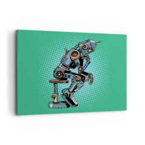 Obraz na płótnie - Robot myśliciel w stylu pop-art na zielonym tle - 100x70cm - Nad istotą bytu - Nowoczesna dekoracja ścienna do salonu, kuchni i sypialni ARTTOR