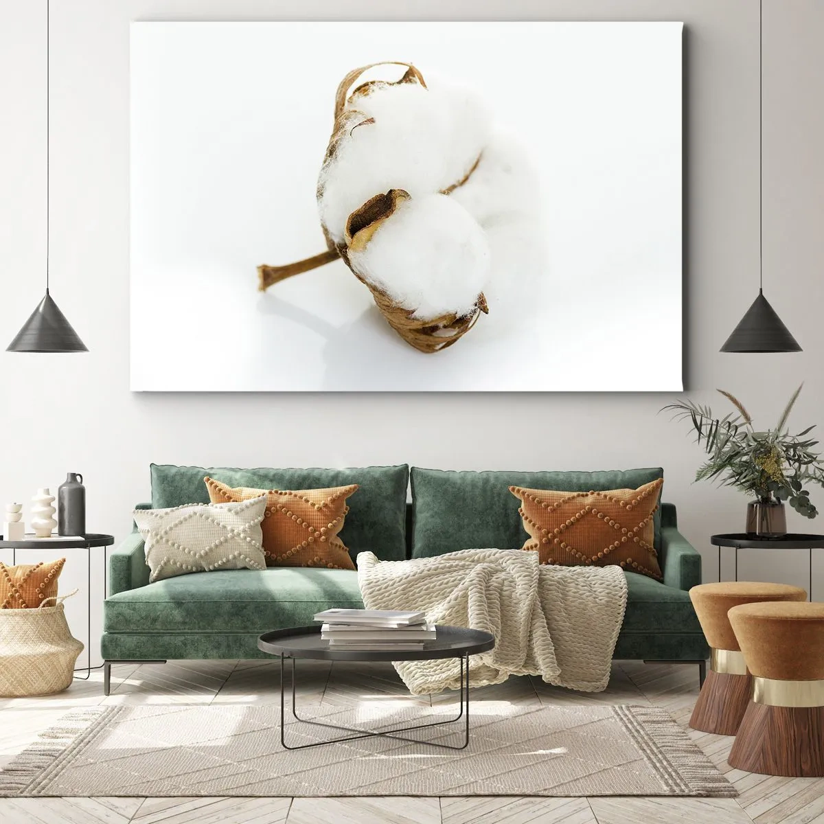 Obraz na płótnie - Gałązka bawełny na jasnym tle w minimalistycznym ujęciu - 70x50cm - Miękka z natury - Nowoczesna dekoracja ścienna do salonu i sypialni ARTTOR